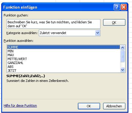 Funktion einfügen Menü
